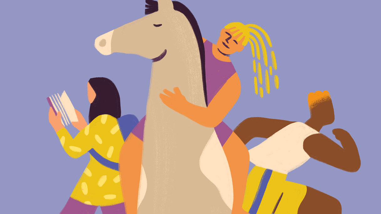 Futurestories Illustration von drei Personen: eine liest ein Buch, eine beugt ihren Arm und eine umarmt ein großes Pferd. Die stilisierten Figuren und der violette Hintergrund spiegeln den lebendigen Erzählgeist der Futurestories Foundation wider.