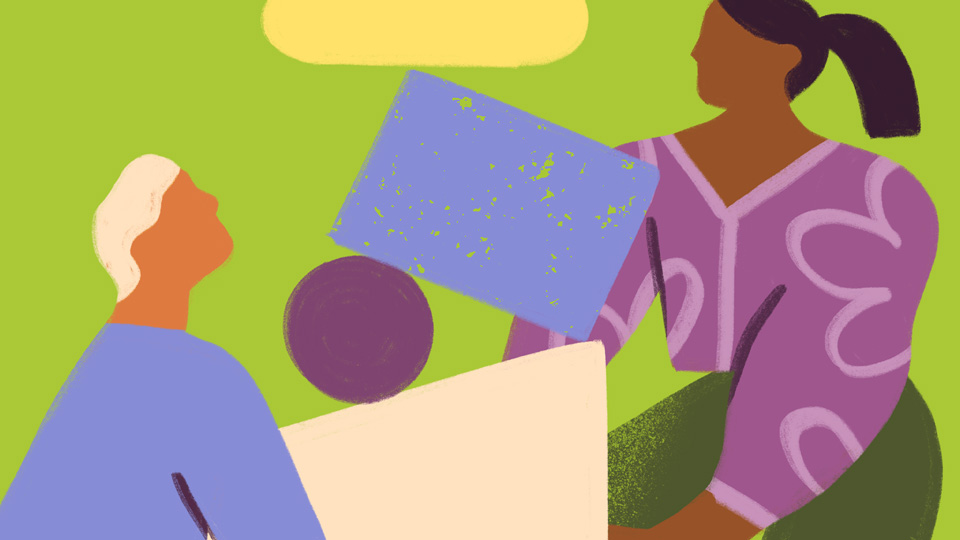 Futurestories Eine abstrakte Illustration für die Futurestories Foundation Über uns: Zwei Personen sitzen an einem Tisch - eine mit hellem Haar und blauem Hemd, die andere mit dunklem Haar und lila Oberteil - umgeben von geometrischen Formen und einem grünen Hintergrund.