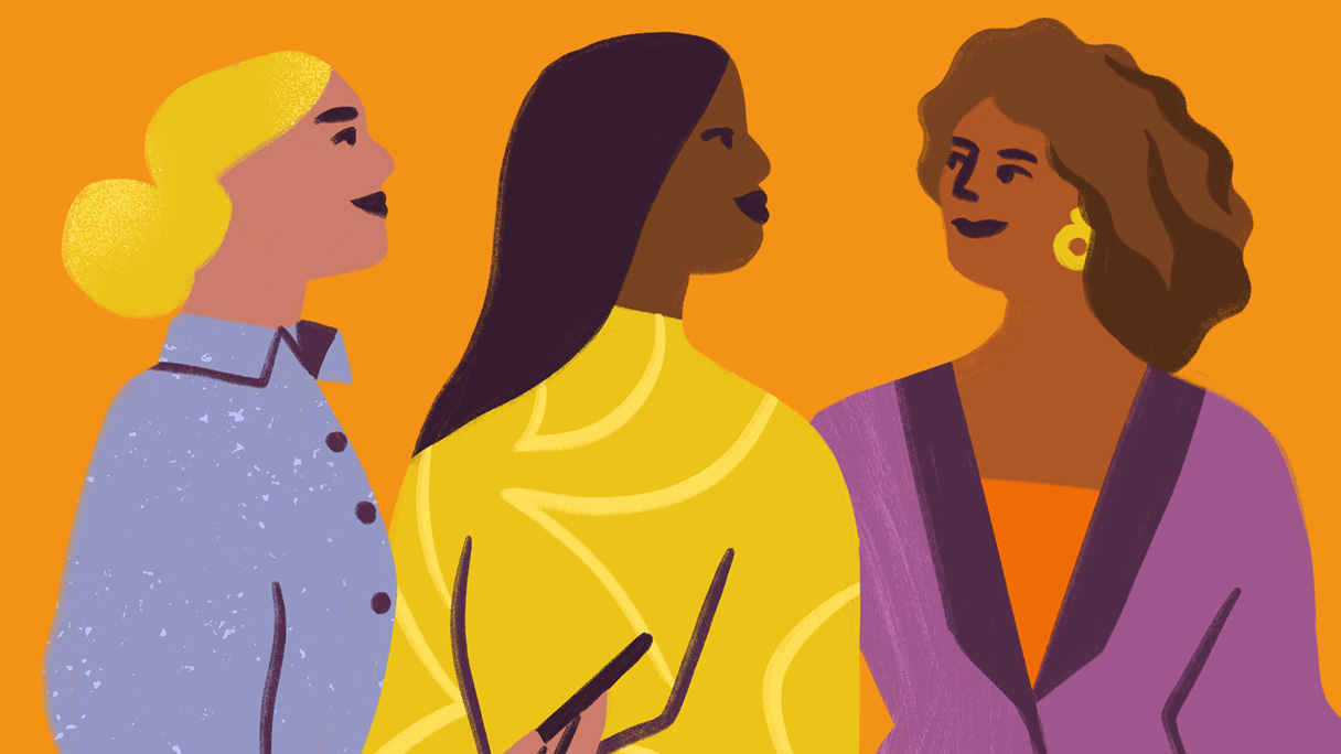 Futurestories Illustration von drei Frauen, die zusammen vor einem orangefarbenen Hintergrund stehen und den Geist der Futurestories Foundation repräsentieren. Eine hat blondes Haar in einem blauen Hemd, eine andere hat dunkles Haar in Gelb, und die dritte hat lockiges Haar in einem lila Blazer.