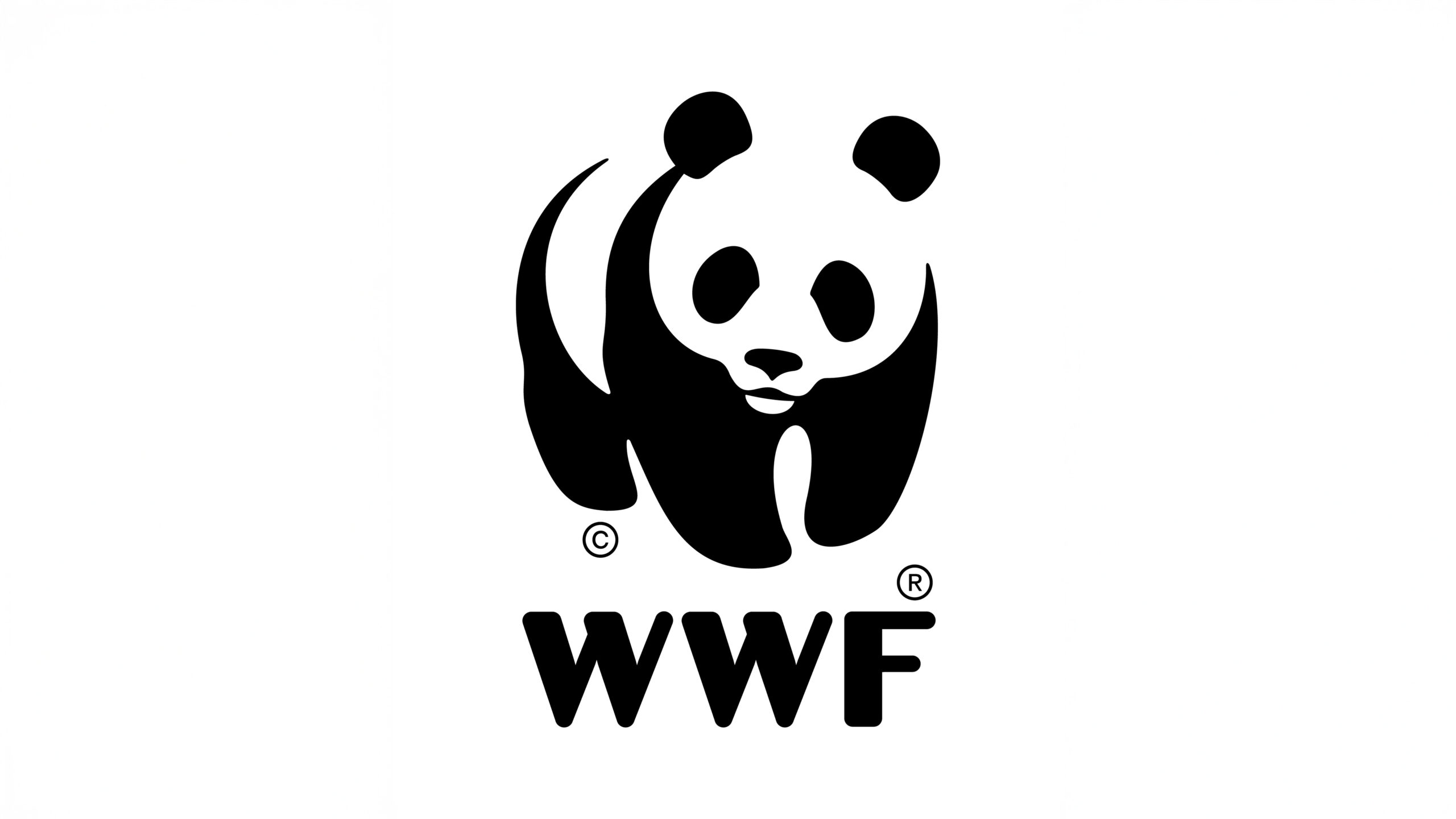 Futurestories Schwarz-weiße Illustration eines Pandas über den fetten Buchstaben "WWF". Der Panda ist mit einfachen Formen stilisiert, und das Logo enthält Copyright- und eingetragene Markensymbole. Der Hintergrund ist weiß.